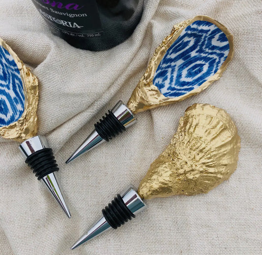 Oyster Shell Wine Stopper - Blue Ikat