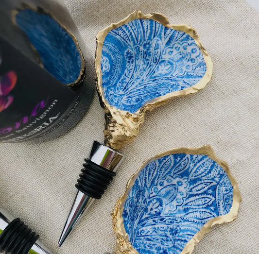 Oyster Shell Wine Stopper - Blue Paisley