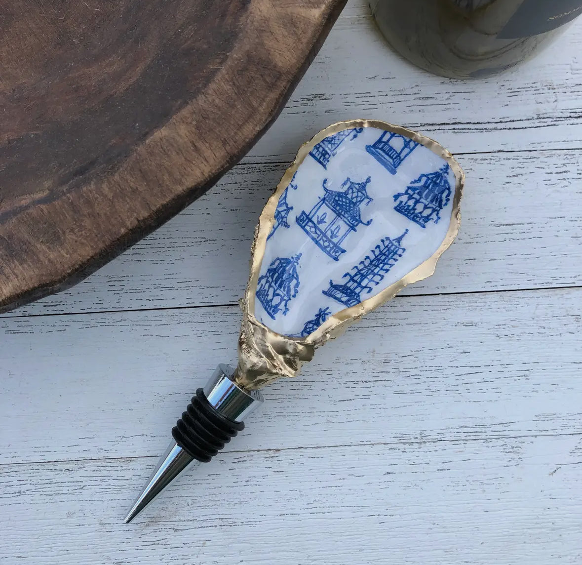 Oyster Shell Wine Stopper - Blue Pagoda