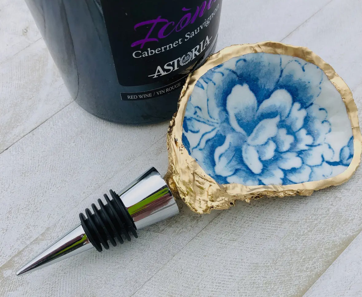 Oyster Shell Wine Stopper - Blue and White Chinoiserie