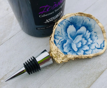 Oyster Shell Wine Stopper - Blue and White Chinoiserie