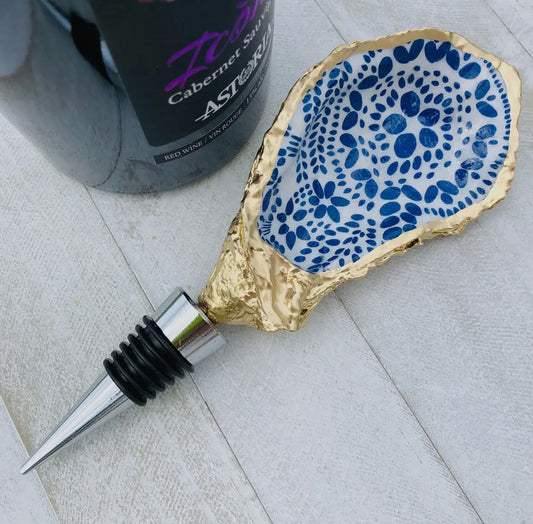 Oyster Shell Wine Stopper - Blue and White Dots
